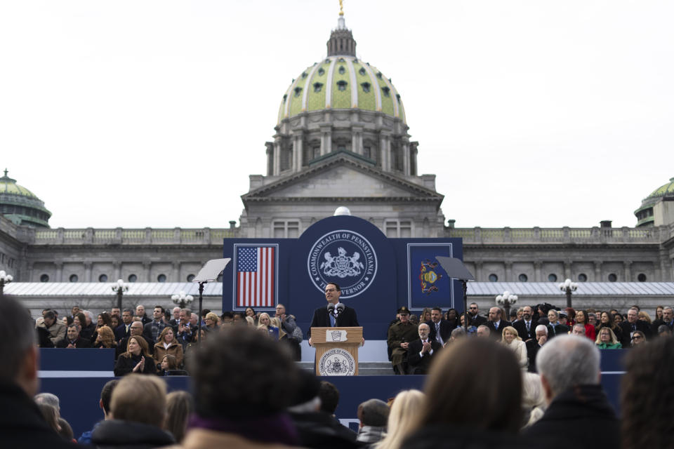 Democratic Gov. Josh Shapiro speaks after taking the oath of office to become Pennsylvania's 48th governor, Tuesday, Jan. 17, 2023, at the state Capitol in Harrisburg, Pa. (AP Photo/Matt Rourke)