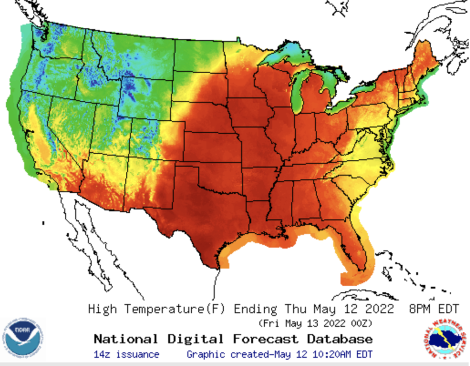 An early season heat wave is forecast to affect the central and northeastern parts of the country.  (National Weather Service)