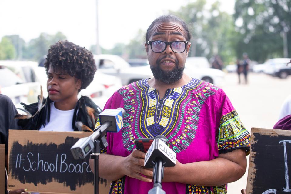 Damon Curry Morris, one of the activists banned from Memphis-Shelby County School Board meetings and properties, speaks at a press conference with three of the other four banned activists outside of the Memphis-Shelby County Schools building in Memphis, Tenn., on Friday, June 9, 2023. 