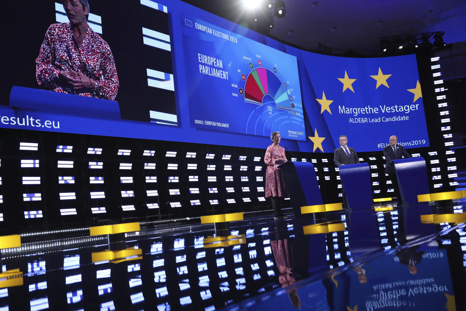 Candidate to the presidency of the European Commission, Denmark's Margrethe Vestager, speaks at the European Parliament in Brussels, Monday, May 27, 2019. From Germany and France to Cyprus and Estonia, voters from 21 nations went to the polls Sunday in the final day of a crucial European Parliament election that could see major gains by the far-right, nationalist and populist movements that are on the rise across much of the continent.(AP Photo/Francisco Seco)