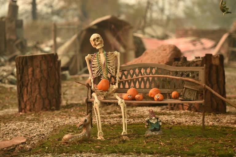 A halloween decoration remains at a burned home after the Camp fire tore through the region in Paradise, California on November 12, 2018