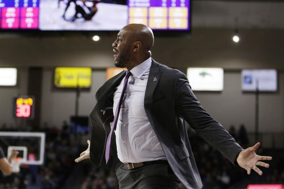 Alcorn State coach Landon Bussie reacts during the first half of the team's NCAA college basketball game against Gonzaga, Monday, Nov. 15, 2021, in Spokane, Wash. (AP Photo/Young Kwak)
