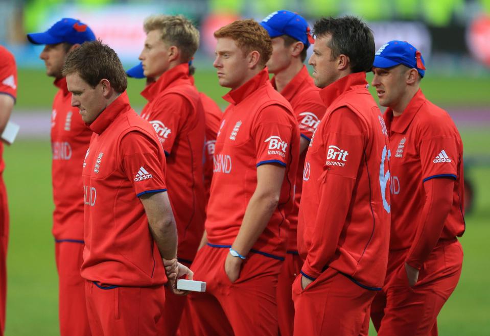 England players stand dejected after the ICC Champions Trophy Final at Edgbaston, Birmingham.