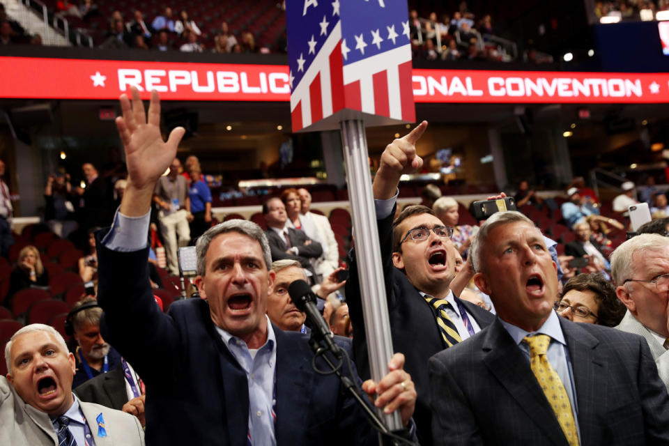 Convention floor erupts when no roll call taken to change rules to unbind delegates