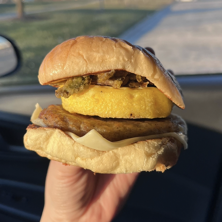 My hand holds a spicy queso sandwich.