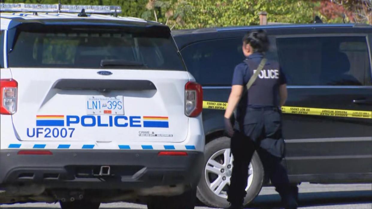 Two people are dead and one man is in custody after police responded to reports of shots fired Wednesday night at a Chilliwack mobile home park. Homicide investigators are looking into the deaths. (Jean-Marc Poirier/CBC - image credit)