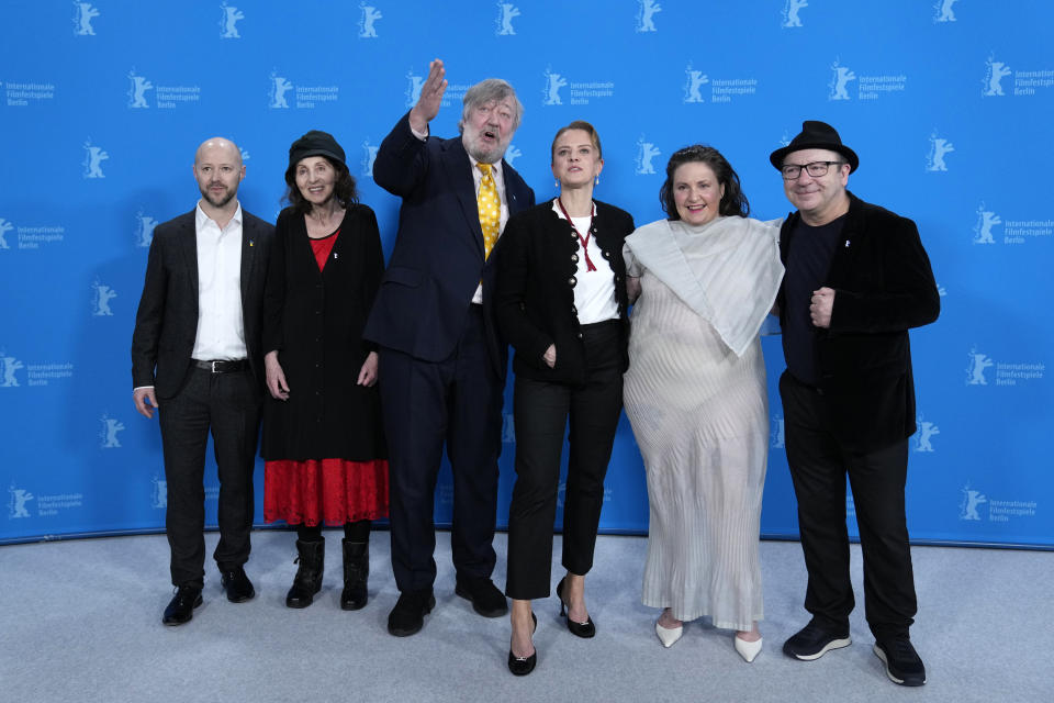 Polish actor Zbigniew Zamachowski, American writer, director and actress Lena Dunham, German film director Julia von Heinz, British actor and comedian Stephen Fry, Australian author Lily Brett, and producer Fabian Gasmia pose for photographers at the photo call for the film 'Treasure' during the International Film Festival, Berlinale, in Berlin, Saturday, Feb. 17, 2024. The 74th edition of the festival will run until Sunday, Feb. 25, 2024 at the German capital. (AP Photo/Ebrahim Noroozi)