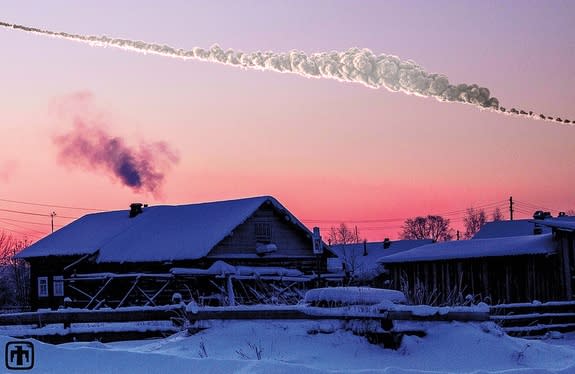 This Chelyabinsk sky rendering is a reconstruction of the asteroid that exploded over Chelyabinsk, Russia on Feb. 15, 2013. Scientific study of the airburst has provided information about the origin, trajectory and power of the explosion. This