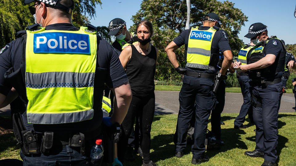 A protester, pictured here being detained by police outside Flemington on Melbourne Cup day.