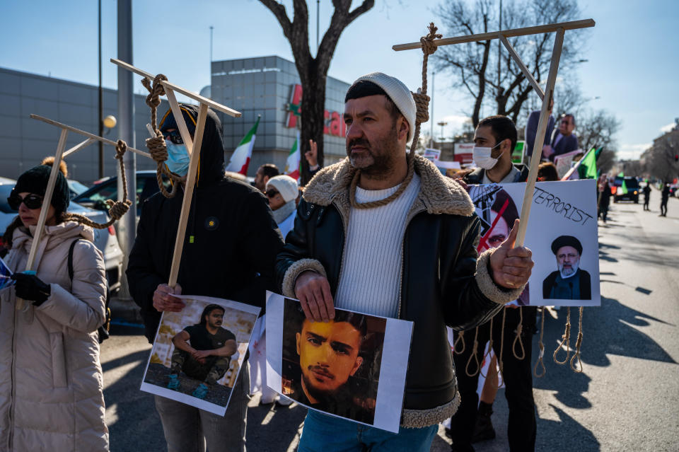 People march in a protest against state executions and human rights violations in Iran, as they head toward the Iranian embassy in Madrid, Spain, Feb. 11, 2023. / Credit: Marcos del Mazo/LightRocket/Getty