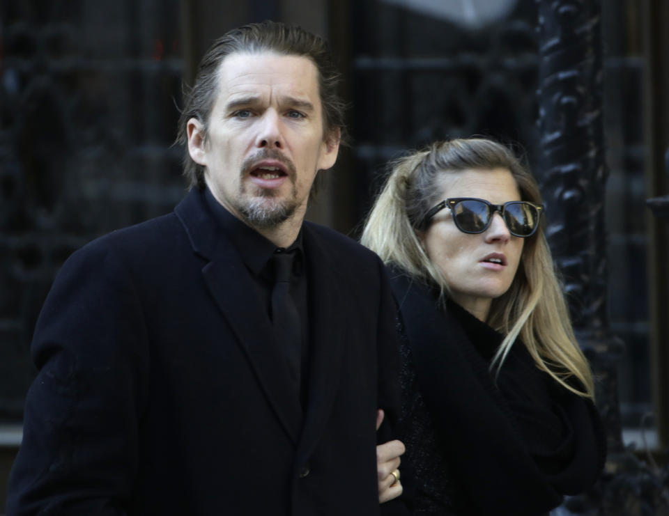 Ethan Hawke arrives for the funeral of actor Philip Seymour Hoffman at the Church of St. Ignatius Loyola, Friday, Feb. 7, 2014 in New York. Hoffman, 46, was found dead Sunday of an apparent heroin overdose. (AP Photo/Mark Lennihan)