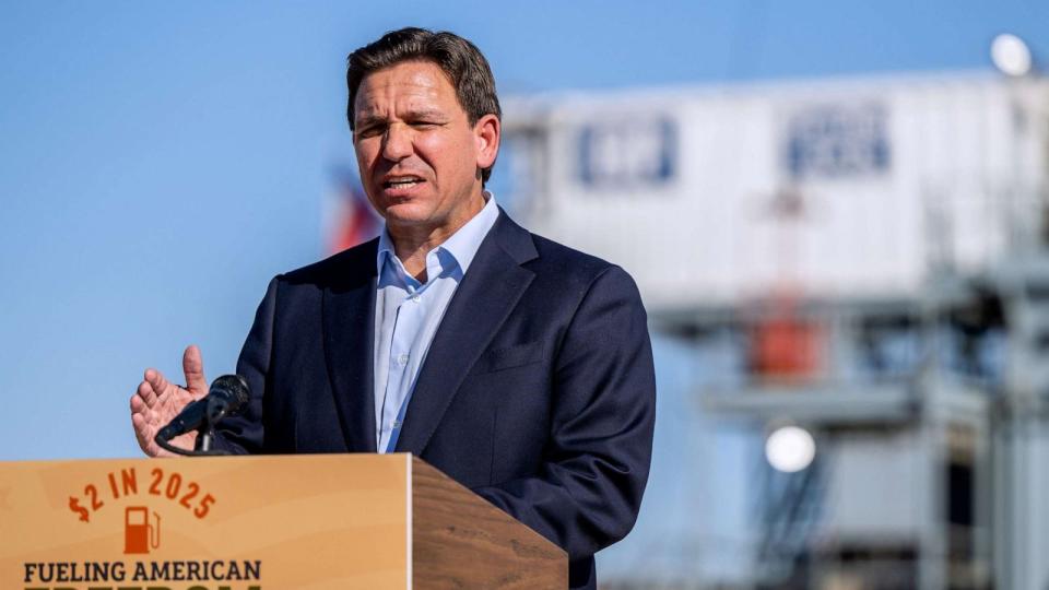 PHOTO: Florida Gov. Ron DeSantis speaks at the Permian Deep Rock Oil Company site during a campaign event on Sept. 20, 2023 in Midland, Texas. (Brandon Bell/Getty Images)