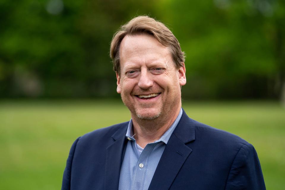 Pontiac Mayor Tim Greimel poses with a broad smile after the groundbreaking on May 12, 2023 for a new skateboard park to be built in the city, fulfilling one of Greimel's campaign promises to expand youth facilities.