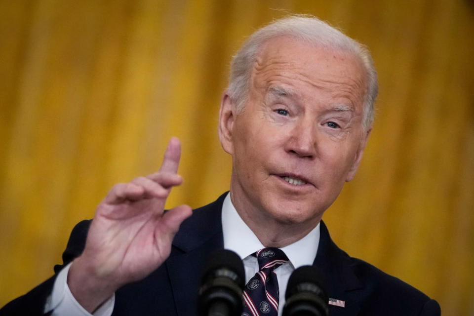 US President Joe Biden delivers remarks on developments in Ukraine and Russia, and announces sanctions against Russia, from the East Room of the White House.