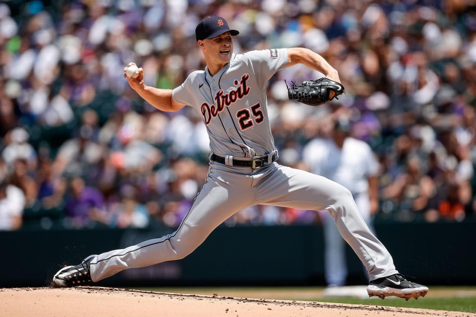 Detroit Tigers starting pitcher Matt Manning (25) pitches in the first inning against the Colorado Rockies at Coors Field in Denver on Sunday, July 2, 2023.