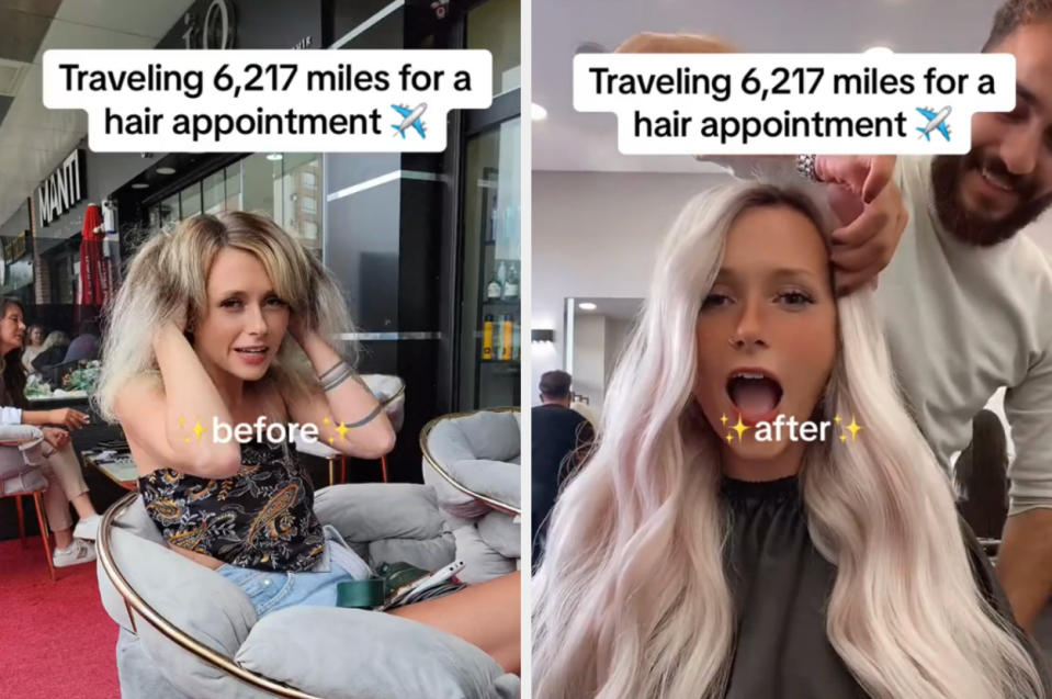 Before and after of Bryn's hair after traveling to Turkey for extensions