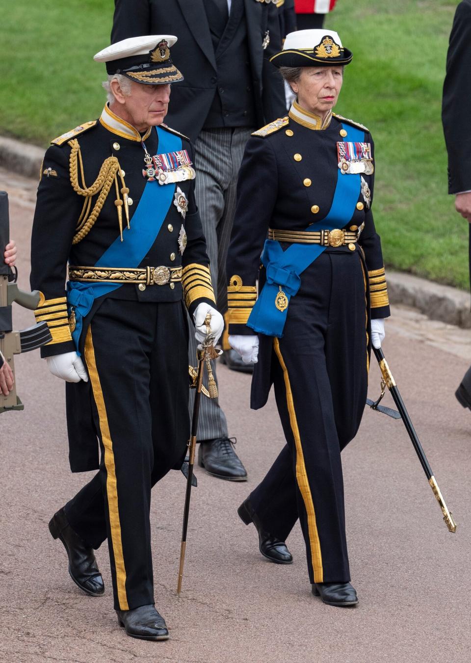 King Charles III and Princess Anne, Princess Royal at Windsor Castle on September 19, 2022 in Windsor, England. The committal service at St George's Chapel, Windsor Castle, took place following the state funeral at Westminster Abbey. A private burial in The King George VI Memorial Chapel followed. Queen Elizabeth II died at Balmoral Castle in Scotland on September 8, 2022, and is succeeded by her eldest son, King Charles III.