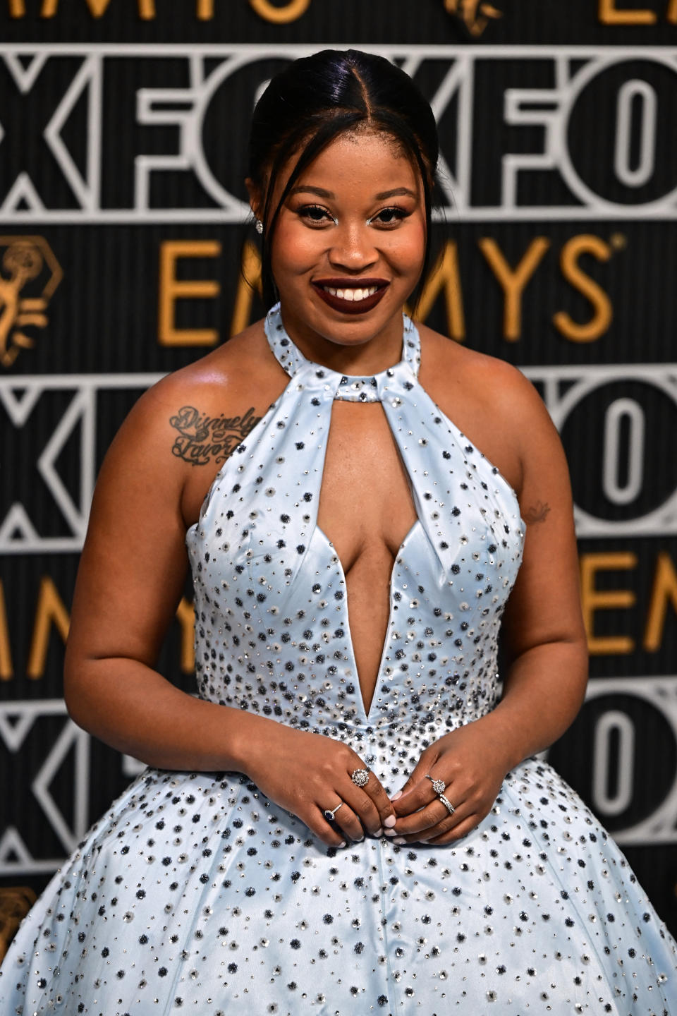 US actress Dominique Fishback arrives for the 75th Emmy Awards at the Peacock Theatre at L.A. Live in Los Angeles on January 15, 2024. (Photo by Frederic J. Brown / AFP) (Photo by FREDERIC J. BROWN/AFP via Getty Images)