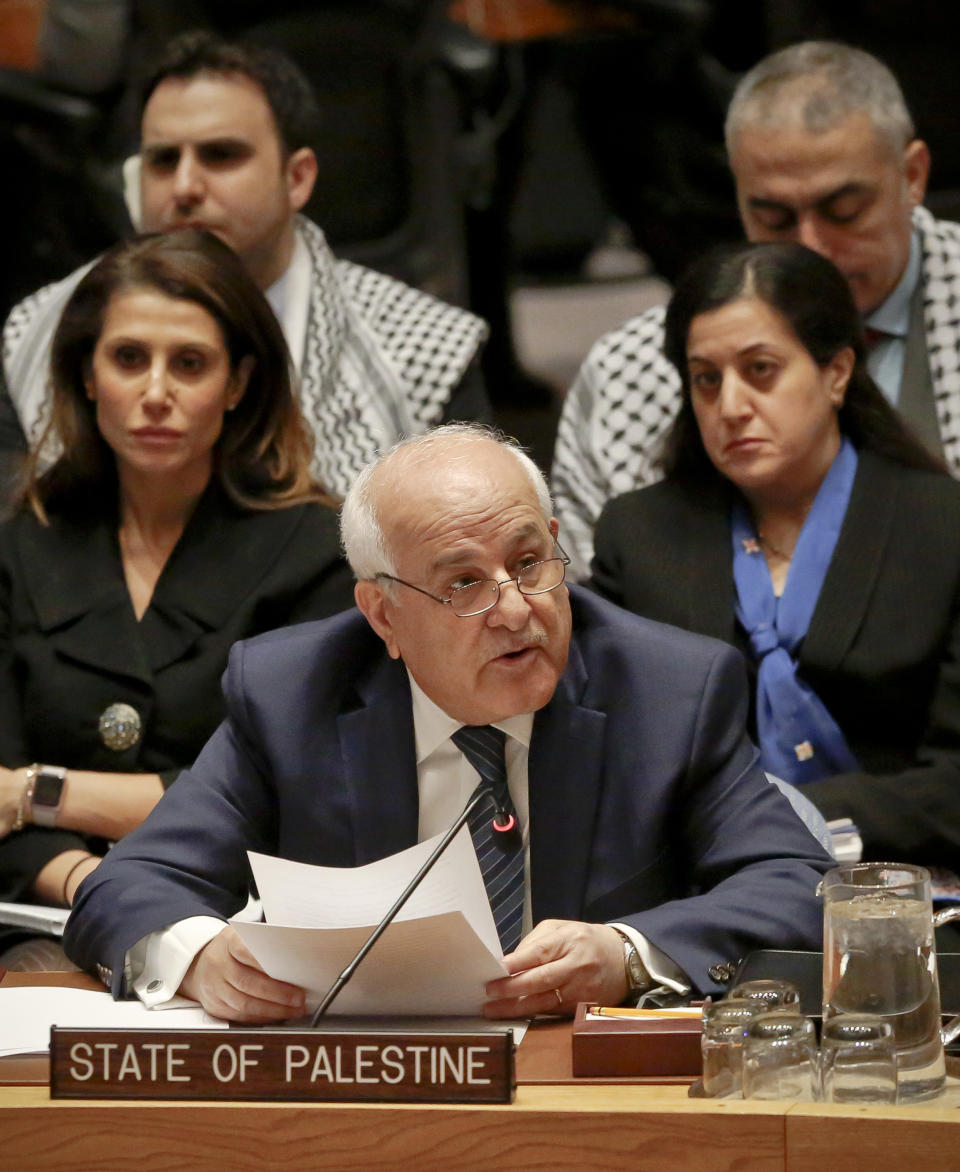 Palestine U.N. Ambassador Riyad Mansour addresses a Security Council debate on the Middle East conflict Tuesday, Jan. 17, 2017, at UN headquarters. (AP Photo/Bebeto Matthews)