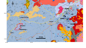 Claims map of the Brasil-Li Lithium Property in relation to CBL and SIGMA. Salinas Formation in blue, intruding granitoids in various shades of pink to red (After CPRM Geology Map, 2016).