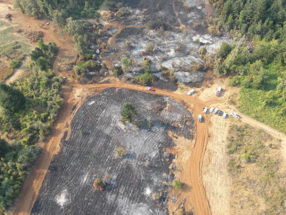 A sergeant from the Salem Police Department flew a drone over the impacted area the morning after the Liberty Fire on Aug. 23, 2023, in the outskirts of Salem. The view of the area where the fire is believed to have started is looking south toward Jory Hill Road S.
