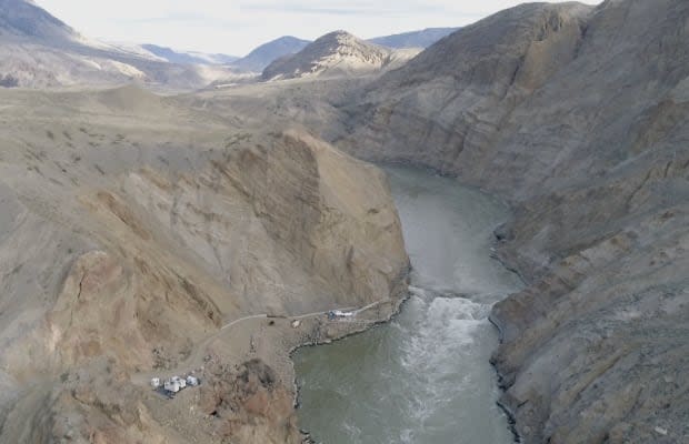 Aerial image of the Big Bar landslide site. The federal government is spending $176 million to construct a permanent fishway through the slide to allow migrating salmon to pass.