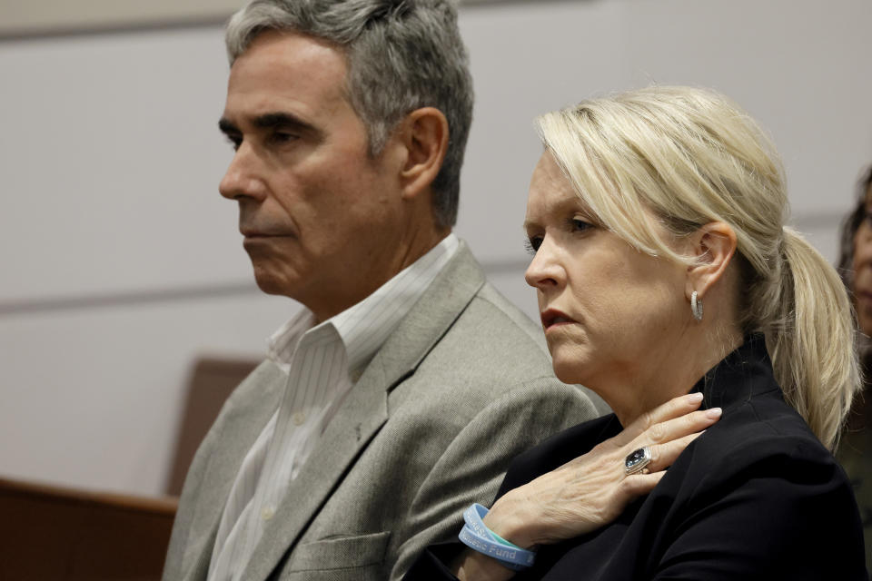 Gena and Tom Hoyer listen during closing arguments in the trial of former Marjory Stoneman Douglas High School School Resource Officer Scot Peterson, Monday, June 26, 2023, at the Broward County Courthouse in Fort Lauderdale, Fla. Peterson is accused of failing to confront the shooter who murdered 14 students and three staff members at a Parkland high school five years ago. The Hoyer's son, Luke, was killed in the 2018 shootings. (Amy Beth Bennett/South Florida Sun-Sentinel via AP, Pool)
