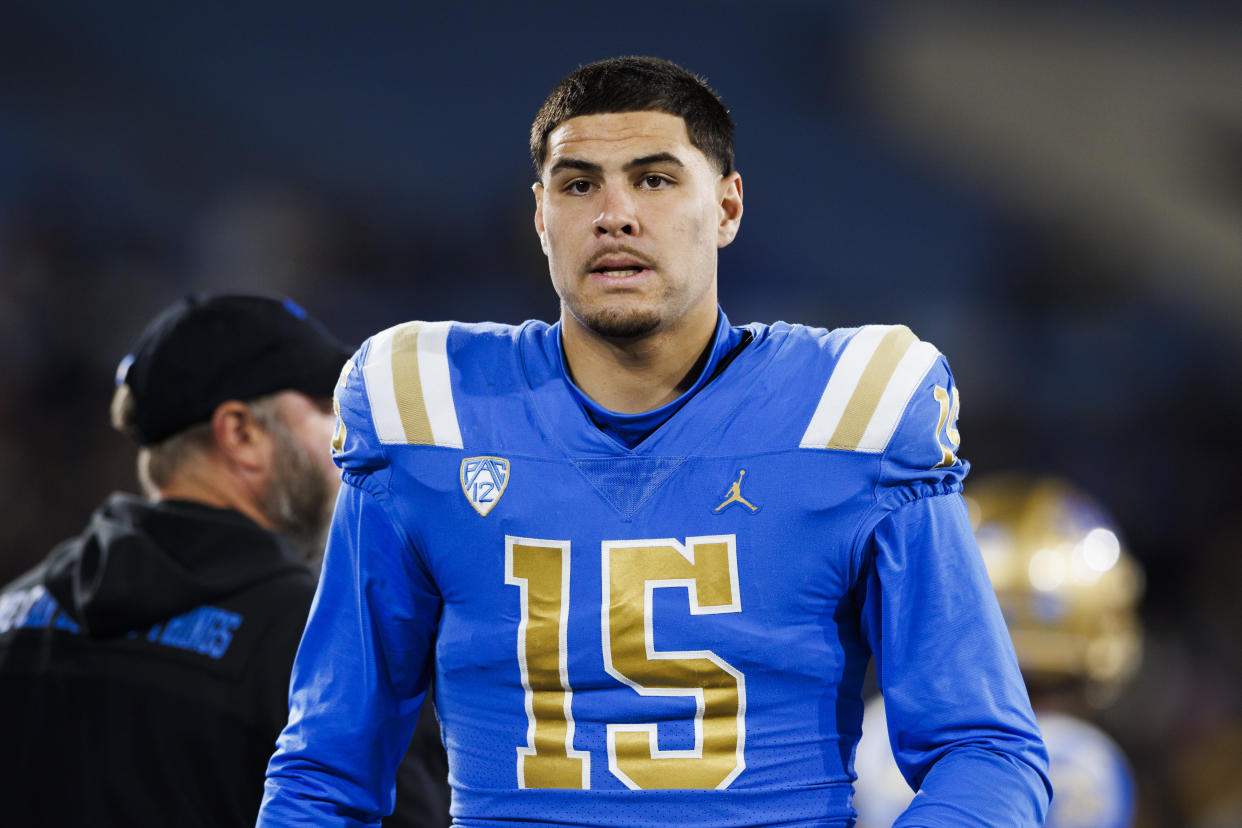 UCLA Bruins edge rusher Laiatu Latu (15) was the first defensive player taken in the NFL Draft. (Photo by Ric Tapia/Icon Sportswire via Getty Images)