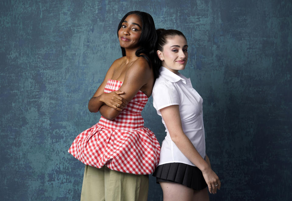 Ayo Edebiri, left, and Rachel Sennott, cast members in the film "Bottoms," pose together for a portrait, Thursday, June 29, 2023, in West Hollywood, Calif. (AP Photo/Chris Pizzello)