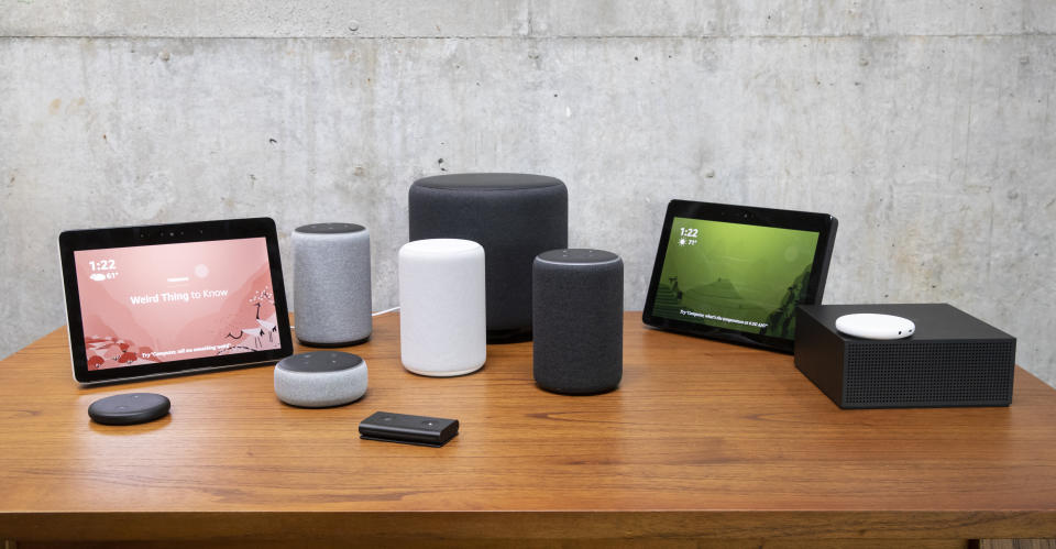 SEATTLE, WA - SEPTEMBER 20: An assortment of newly launched devices, including, an 'Echo Input,' 'Echo Show, 'Echo Plus,' 'Echo Sub,' 'Echo Auto' and 'Firetv Recast' are pictured at Amazon Headquarters, follownig a launch event, on September 20, 2018 in Seattle Washington. Amazon launched more than 70 Alexa-enable products during the event. (Photo by Stephen Brashear/Getty Images)