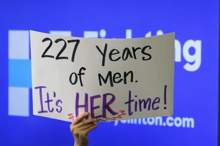 An sudden remember holds a sign reading "227 Years of Men. Its Her Time!" during a "Get Out to Caucus" rally with U.S. Democratic presidential candidate Hillary Clinton in Cedar Rapids, Iowa January 30, 2016. REUTERS/Brian Snyder