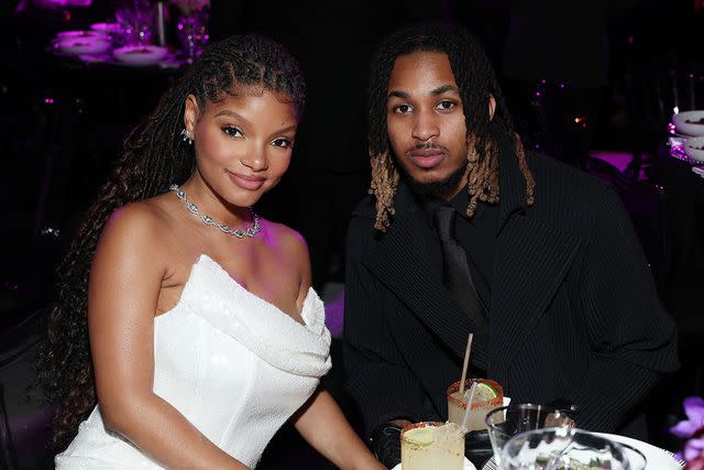 <p>Leon Bennett/Getty Images</p> Halle Bailey and DDG, February 2024