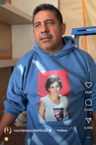 <p>courteney cox/instagram</p> A man wears a photo of Courtney Cox in "Misfits of Science"