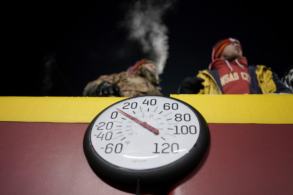 A gauge displays the temperature on the field at Arrowhead Stadium during the first half of an NFL wild-card playoff football game between the Kansas City Chiefs and the Miami Dolphins on Saturday, Jan. 13, 2024, in Kansas City, Mo. (AP Photo/Charlie Riedel)