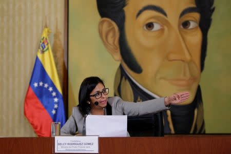 Venezuela's Foreign Minister Delcy Rodriguez talks to the media during a news conference in Caracas, Venezuela February 15, 2017. REUTERS/Marco Bello