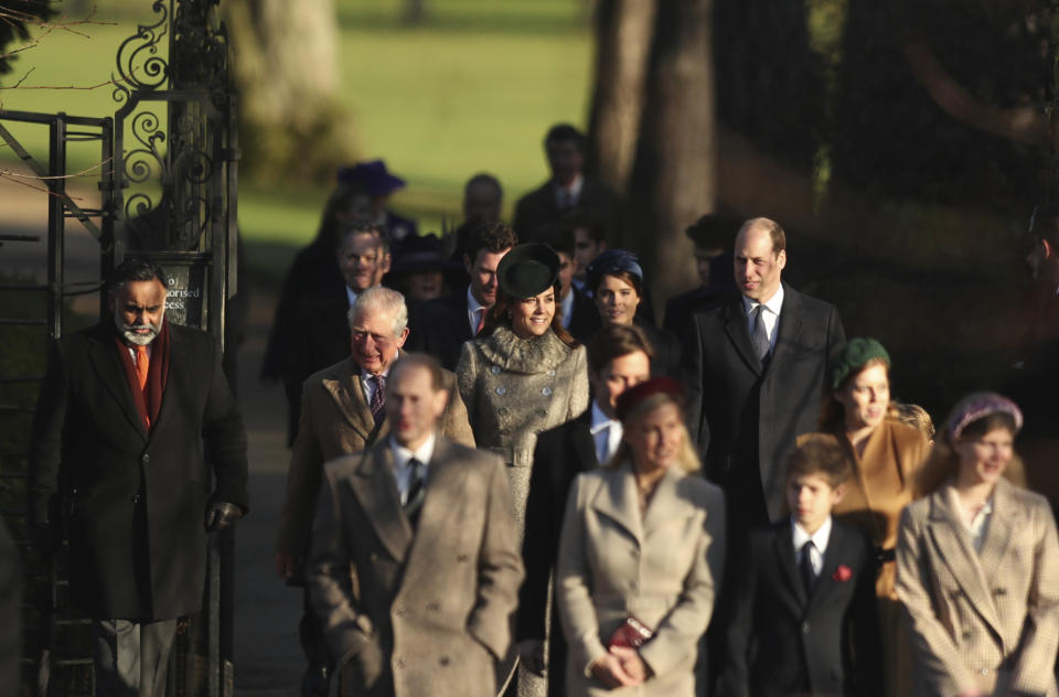 Britain's Prince William, Duke of Cambridge and Catherine, Duchess of Cambridge, center, arrive with other members of the royal family to attend a Christmas day service at the St Mary Magdalene Church in Sandringham in Norfolk, England, Wednesday, Dec. 25, 2019. (AP Photo/Jon Super)