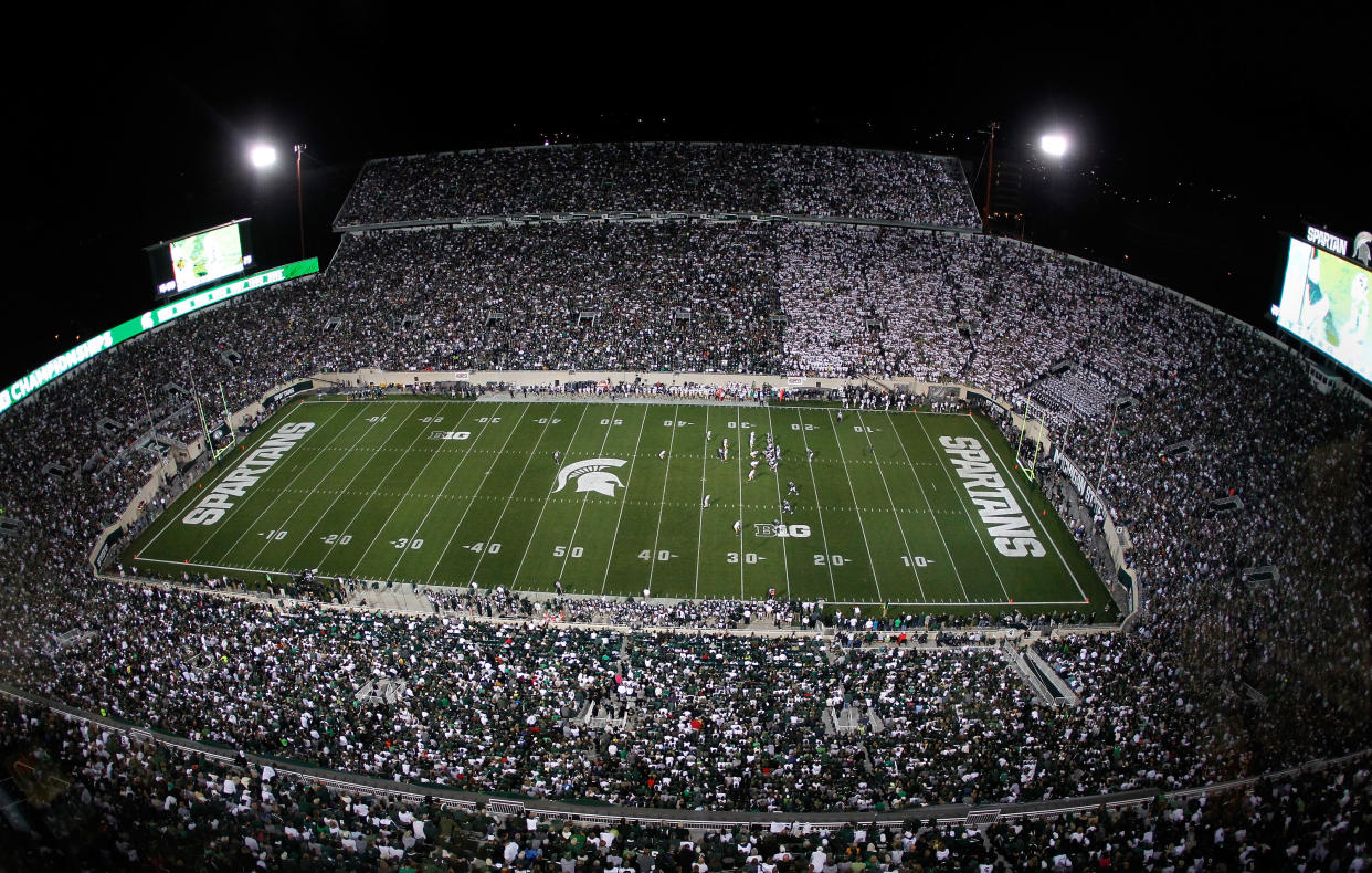 Former Michigan State defensive end Auston Robertson was arrested Tuesday in Kansas. (Photo by Gregory Shamus/Getty Images)