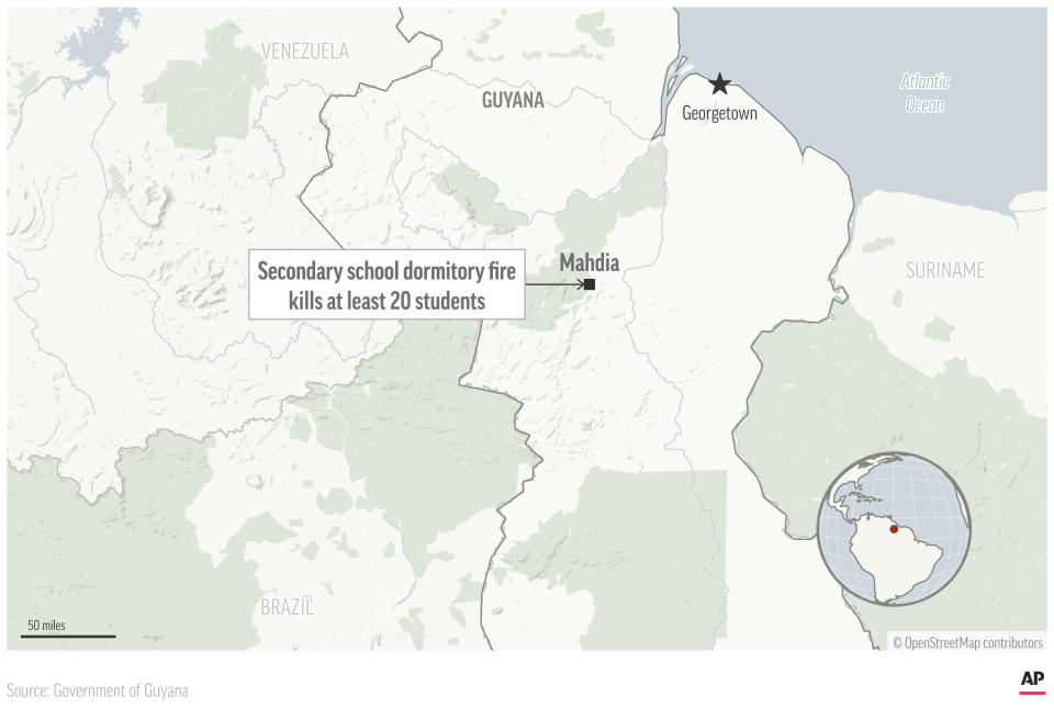 Authorities in Guyana say a fire broke out early Monday at a secondary school dormitory in Mahdia, Guyana. At least 20 students were killed. (AP Graphic)