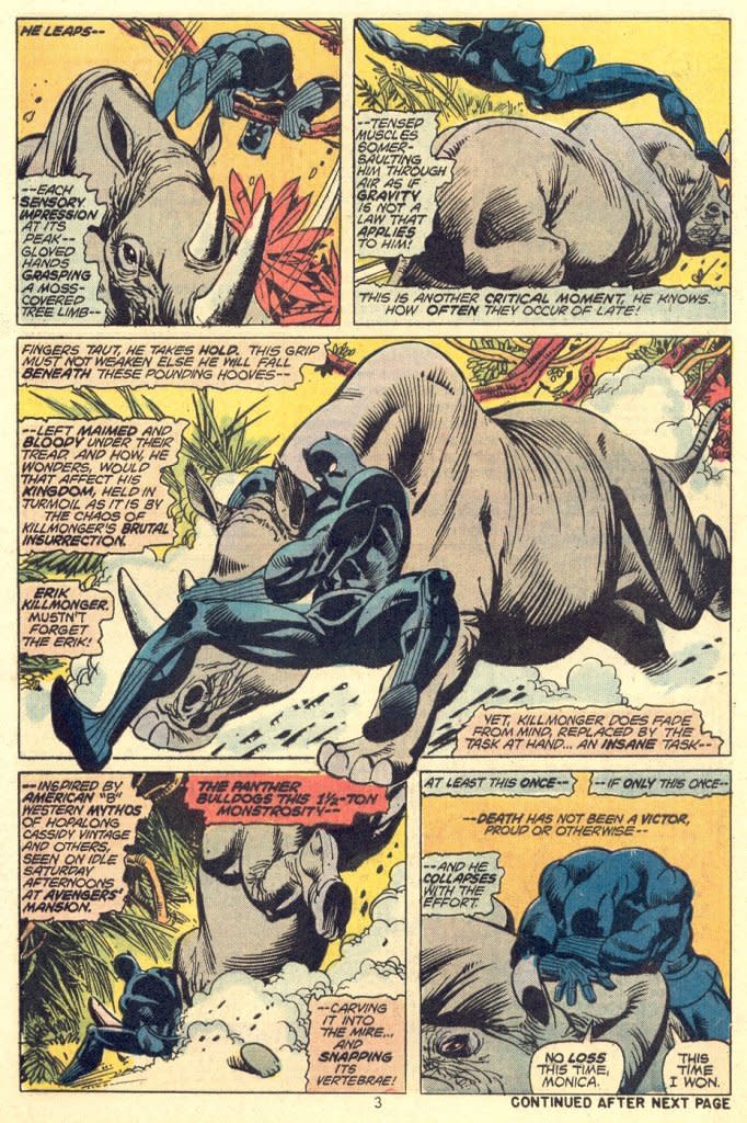 Black Panther wrestles a rhino in this panel from a 1988 <em>Black Panther</em> comic. (Photo: Marvel)