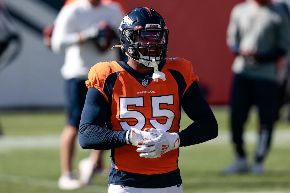 Nov 1, 2020; Denver, Colorado, USA; Denver Broncos outside linebacker Bradley Chubb (55) before the game against the Los Angeles Chargers at Empower Field at Mile High.