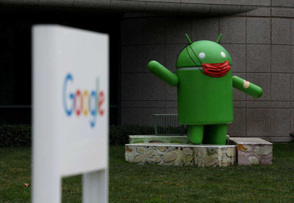 MOUNTAIN VIEW, CALIFORNIA - JANUARY 31: An Android statue is displayed in front of a building on the Google campus on January 31, 2022 in Mountain View, California. Google parent company Alphabet will report fourth quarter earnings on Tuesday after the closing bell. (Photo by Justin Sullivan/Getty Images)