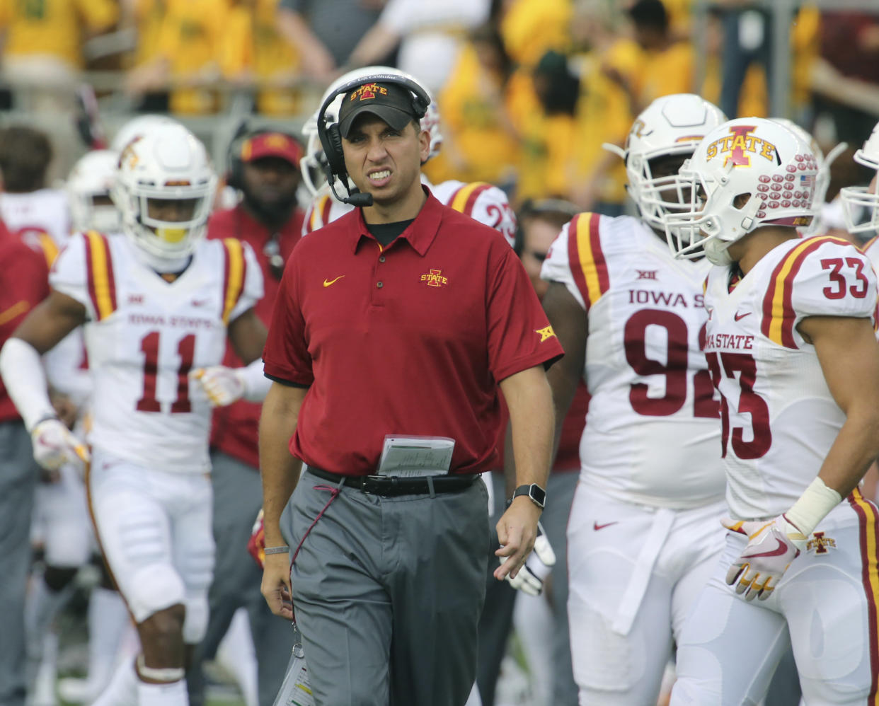 Iowa State head football coach Matt Campbell looks on during a time out against Baylor in the second half of a NCAA college football game, Saturday, Nov. 18, 2017, in Waco, Texas. Iowa State won 23-13. (Rod Aydelotte/Waco Tribune-Herald via AP)