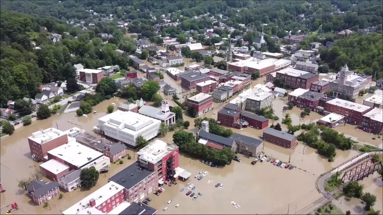 This image made from drone footage provided by the Vermont Agency of Agriculture, Food and Markets shows flooding in Montpelier, Vt., Tuesday, July 11, 2023. (AP)