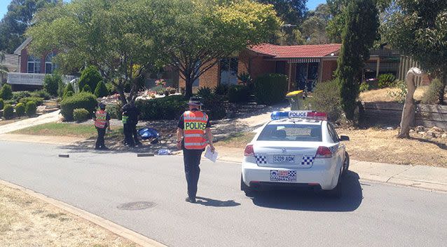 Police at the scene of the fatality at Wynn Vale. Photo: Jeff Anderson.