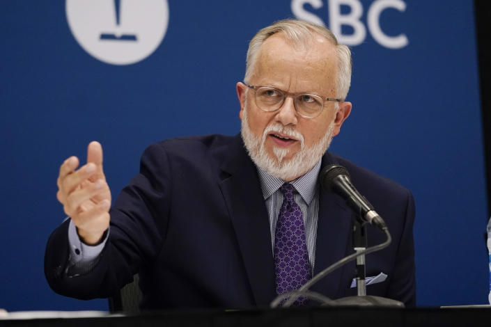 Pastor Ed Litton, of Saraland, Ala., answers questions after being elected as president of the Southern Baptist Convention Tuesday, June 15, 2021, in Nashville, Tenn. (AP Photo/Mark Humphrey)