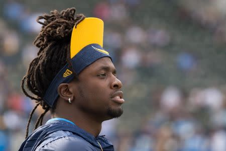 Dec 9, 2018; Carson, CA, USA; Los Angeles Chargers running back Melvin Gordon (28) looks on before the game against the Cincinnati Bengals at StubHub Center. Mandatory Credit: Jake Roth-USA TODAY Sports
