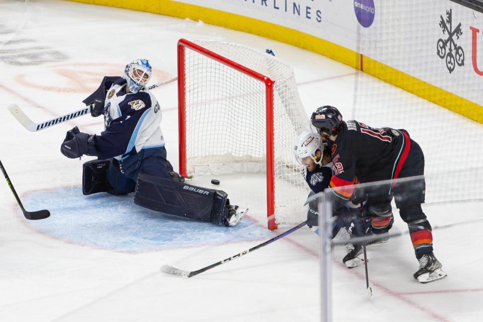 Coachella Valley Firebirds' forward Tye Kartye (#12) scores his team's third goal of the night during game 6 of the matchup against the Milwaukee Admirals at Acrisure Arena on June 5, 2023.