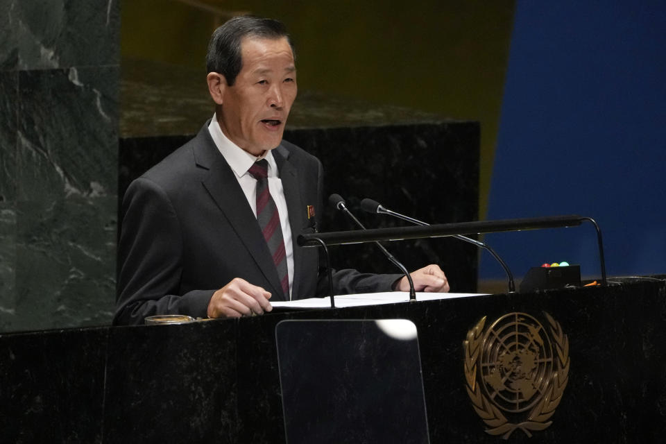 North Korea's UN Ambassador Song Kim addresses the 78th session of the United Nations General Assembly, Tuesday, Sept. 26, 2023. (AP Photo/Richard Drew)