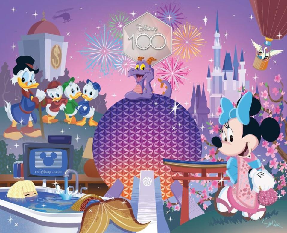 An illustration created for the The Walt Disney Company 100th anniversary showing Disney history