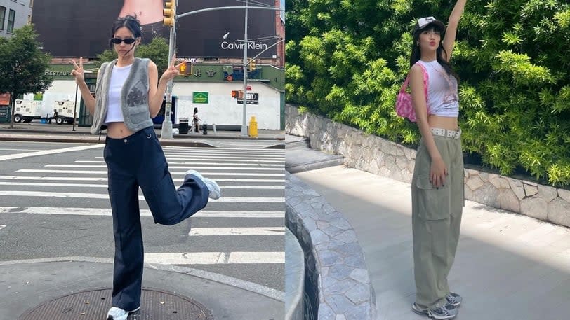 結合都會時髦與戶外休閒的「Urbancore」風格也是近期不少韓國女星的最愛，而要完美體現這穿搭，必不可少的單品就是工裝褲 圖片來源：IG@min.nicha、IG@jennierubyjane